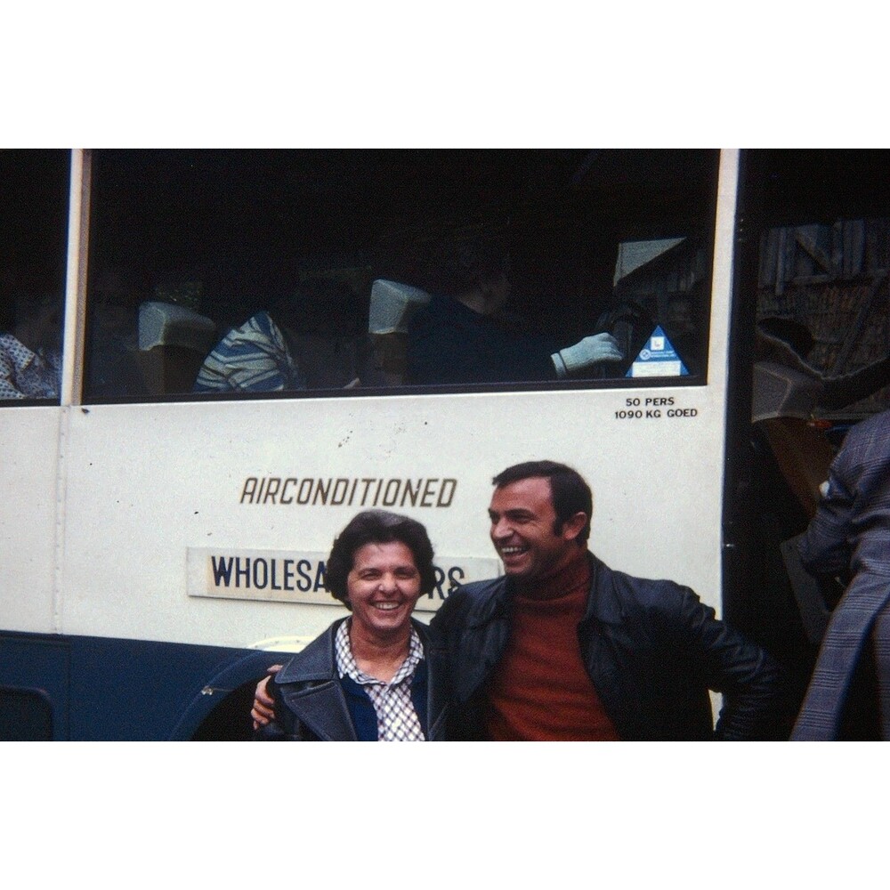 1970s Mini 110 Slide Switzerland - Couple Infront of German Bus